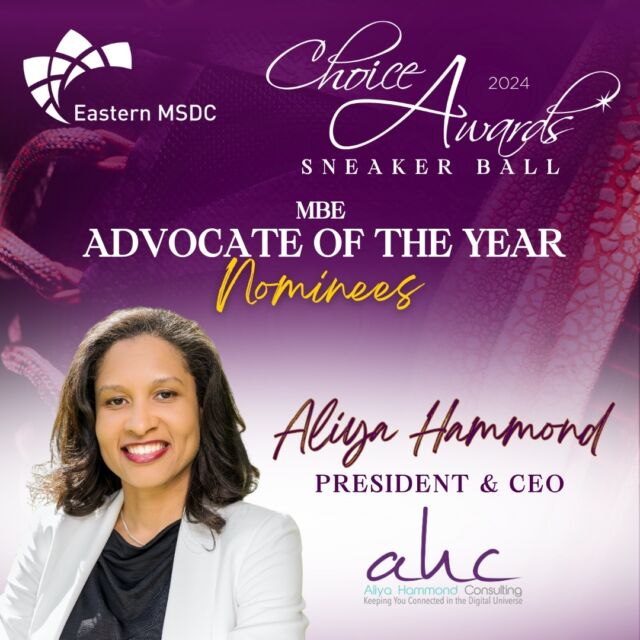 I’m incredibly humbled and honored to be nominated for The Eastern Minority Supplier Development Council’s 2024 MBE Advocate of the Year Award!!

As the President and CEO of Aliya Hammond Consulting, having the opportunity to be in a position to advocate for and help my fellow MBEs is what I enjoy most about my work, and I am overjoyed and thankful to receive this nomination!

I'd also like to warmly congratulate fellow MBE Advocate of the Year nominees Al Limaye and Cassandra Hayes!! It's an honor to be nominated alongside you both!!

#EMSDCChoiceAwards #MBEAdvocate #MinorityBusinessEnterprise