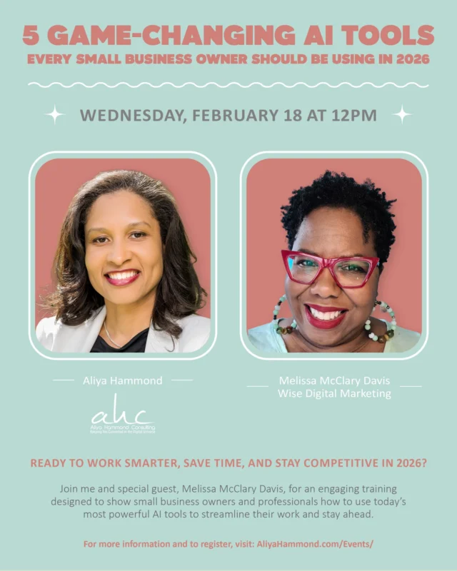 AI isn’t coming…it’s already here.

And in 2026, the businesses that win aren’t working harder…they’re working smarter.

If you’re a small business owner or professional still doing everything manually, this training is for YOU. The tools have changed, and so has the game. 

I’m hosting a live training session with special guest Melissa McClary Davis on 5 Game-Changing AI Tools Every Small Business Owner Should Be Using in 2026. This training is designed to show you how to save time, streamline your workflow, stay competitive, and more!

When: Wednesday, February 18th
Time: 12pm
Where: Online

👉 Save your seat today and get ahead in 2026...Register today. Link in bio.

#AITraining #AITools #BusinessTraining